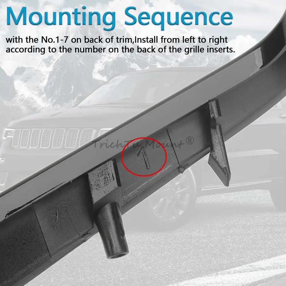 7PCS 블랙 프론트 그릴 그릴 삽입 링 트림 Jeep Grand Cherokee 2017 2018 2019 2020 2021 ABS 플라스틱