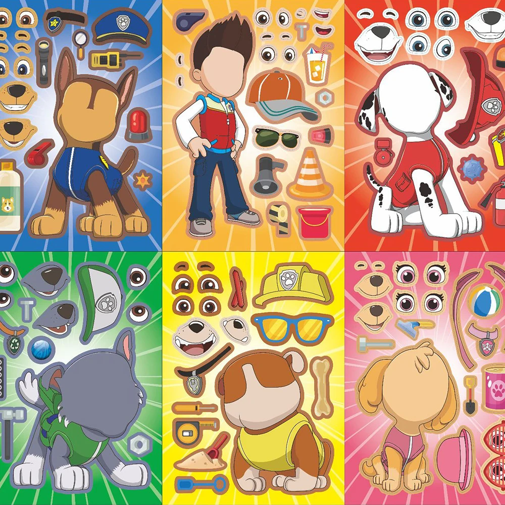 8/16Sheets Cute PAW Patrol Puzzle Stickers Anime Make-a-Face Decals Assemble Funny Cartoon Assemble Jigsaw DIY Sticker Kids Toys
