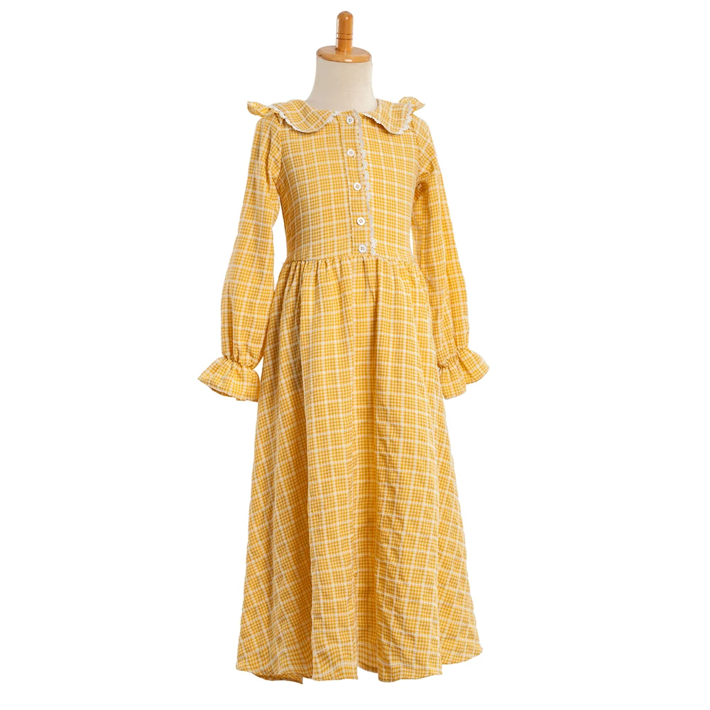 Girls Vintage Brown Green Yellow Plaid Cotton Casual Dress Children Daily Causal Lolita Dress Historical Costume for Little Girl