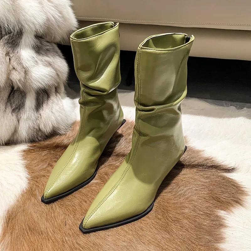 Fashion Thin Med Heels Ankle Boots Women Winter Shoes Brand Pleated Pointed Toe Short Boots Designer PU Leather Botas Mujer 2024 meotina short boots women shoes crystal bow high heel ankle boots pointed toe stiletto heels cutouts zip lady boots big size 40