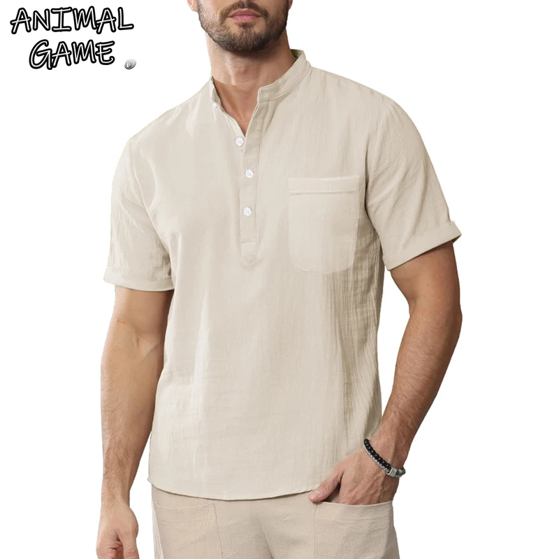 Animal Game Linen Shirt Summer Men's Lightweight Shirt Sping Short Sleeve TShirt  Fit Cotton Streetwear Casual Shirts for Men