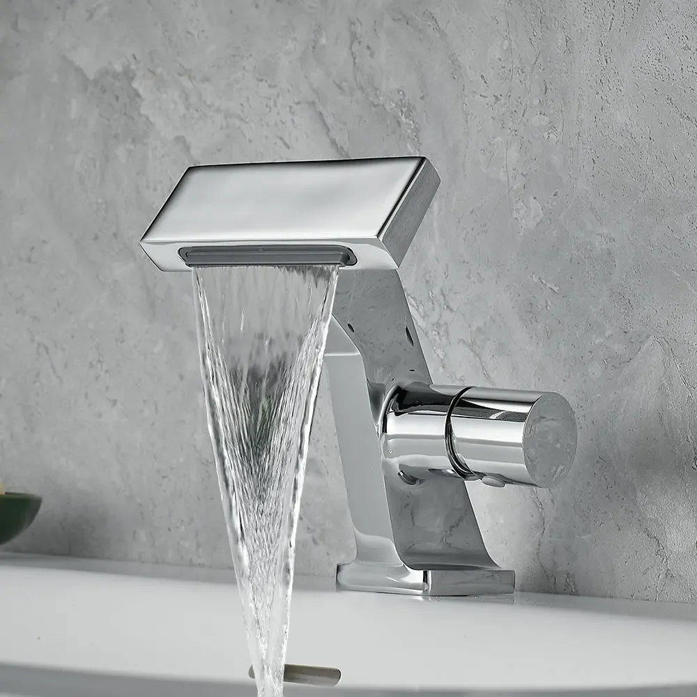 Modern Luxury Basin Faucet Bathroom Washbasin Golden Faucet Copper Waterfall Bathroom Faucets Hot and Cold Mixer Sink Tap Crane