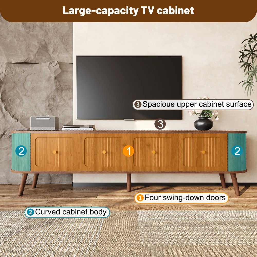 TV-Schrank aus Walnussholz mit 4 Schranktüren, Goldenen Griffen, Holzbeinen und TV-Panel in Einzigartigem Design – Detail 11