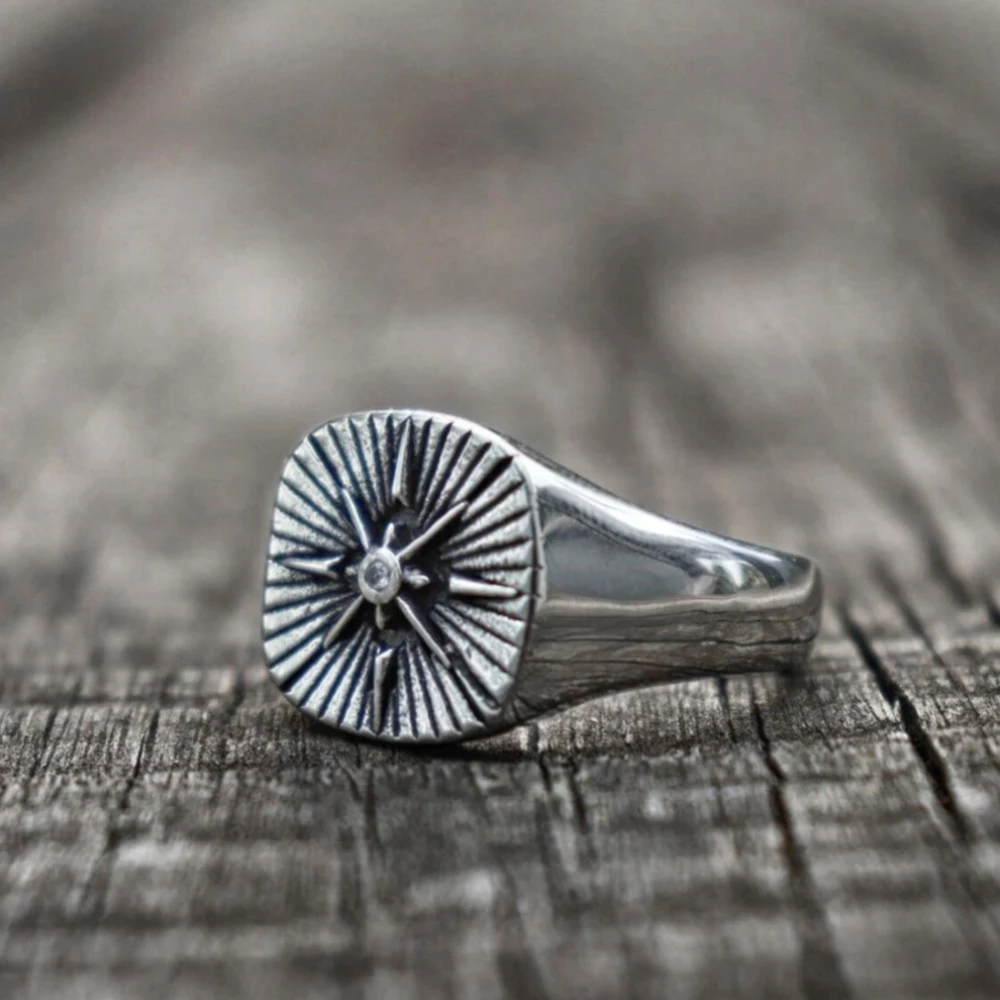 Nautical Biker CZ North Star Compass Signet Ring For Men Hip Hop