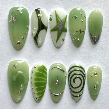 Silver Green Stars Halo Dyeing French Rhinestone Nail Art Y2K Fashion False Nails Detachable Finished Fake Nails Press on Nails 1