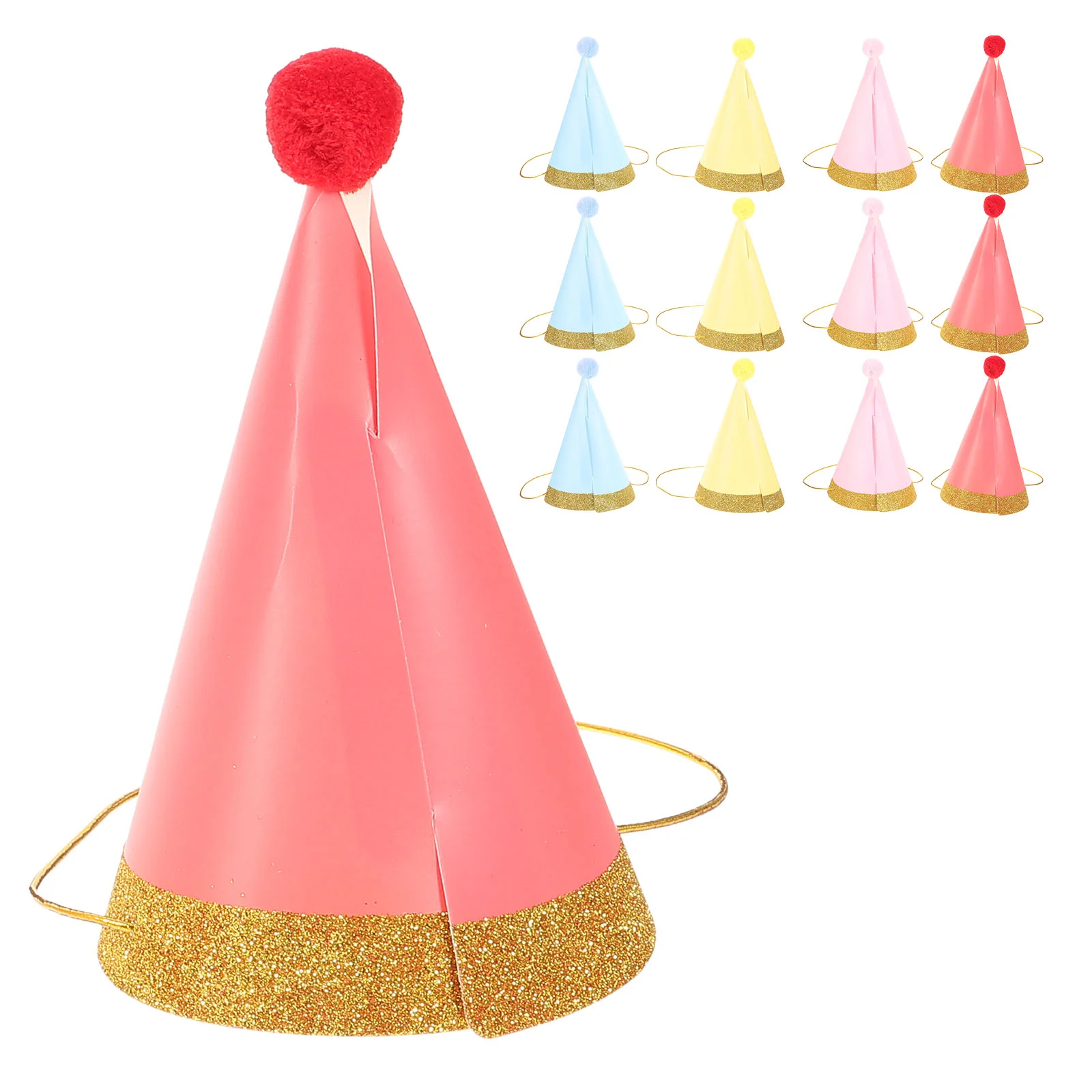 

12pcs Kids Birthday Hat Glitter Party Golden Rim Photo Props for Children Decoration (Pink, Red, Yellow, Blue Each Three)