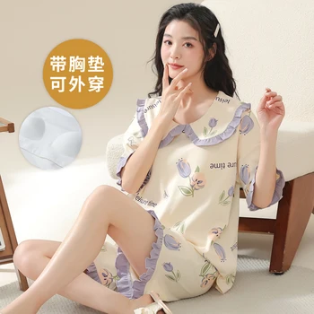 100kg Big Size M-5XL Cotton Women's Pajamas Set with Bra Pad Summer Short Sleeves Sleeping Top Pants Young Girl Loungewear