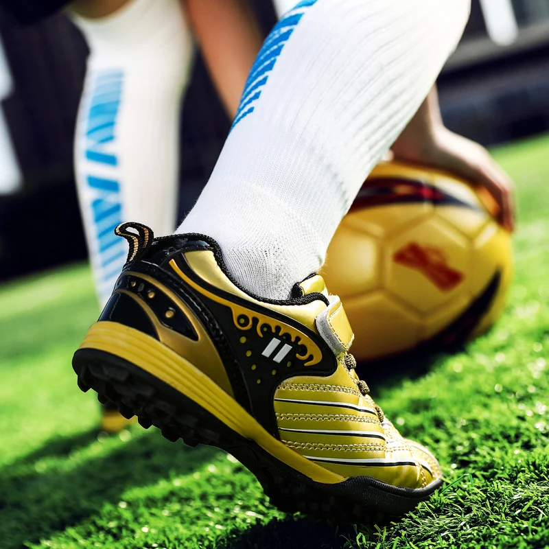 Kids Shoes Gold Children's Soccer Shoes Low Hook-Loop Futsal Shoes For Kids Lightweight Anti-Skid Football Training Boy