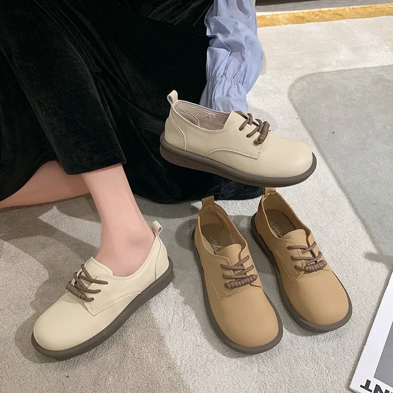 French Flat Shoes Woman Retro Round Toe Casual Single Shoes Slip-on Soft Oxfords Women Leather Footwear Versatile Spring Autumn
