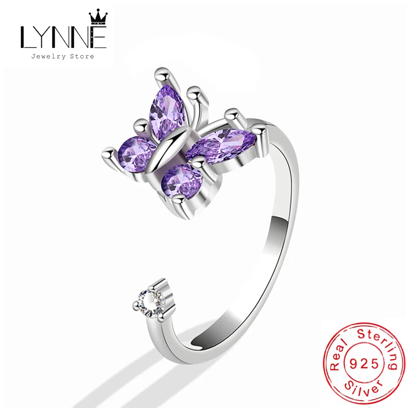 Elegant Lovely Rotatable Purple Butterfly Zircon Adjustable Lucky Rings Women&Girl 925 Sterling Silver Fashion Jewelry Gift silver ring silver rings rotating ring enamel butterfly ring