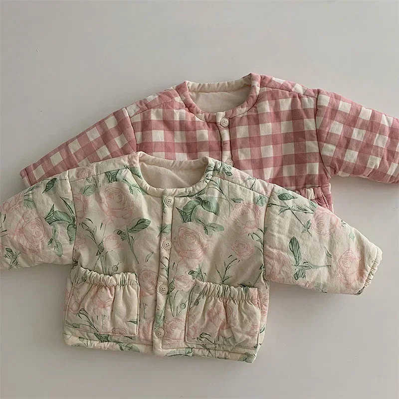 Korean Kids Boutique Clothing Down Jacket Coat Autumn Winter New Floral Printed Fashion Plaid O-neck Cotton Coat Warm Cute down jacket,children jackets