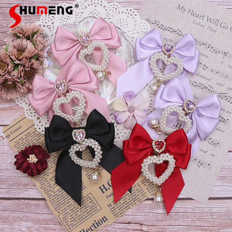 

Japanese Style Sweet Side Clips Cute Girl Bow Handmade Beaded Love Pendant Barrettes Hairwear Side Clip Lolita Hair Accessories