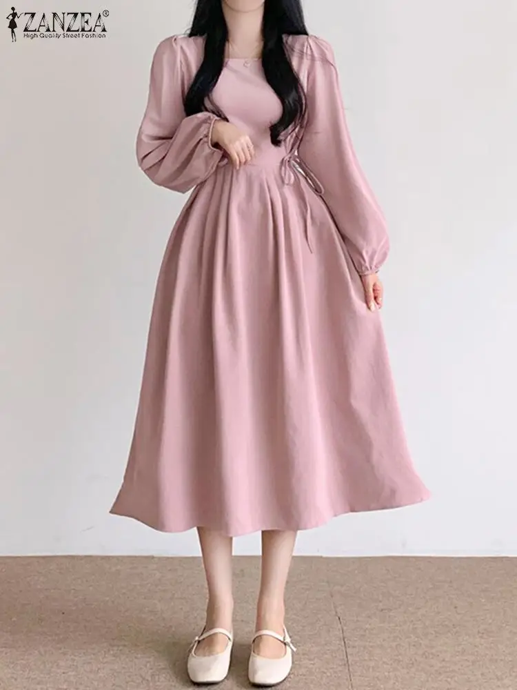 

Платье ZANZEA женское с пышными рукавами, Элегантное Длинное Бандажное платье средней длины с квадратным вырезом, розовое ТРАПЕЦИЕВИДНОЕ, 2023