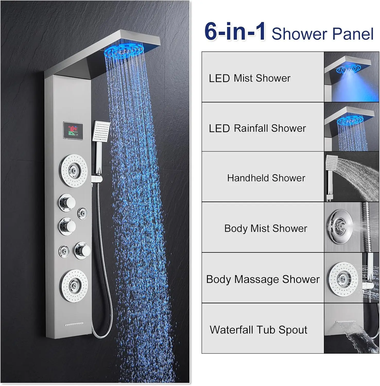 LED Shower Panel Tower System with Rainfall and Mist Shower Head 6-in-1 Shower Panels with Jets and Handheld and Digital 2