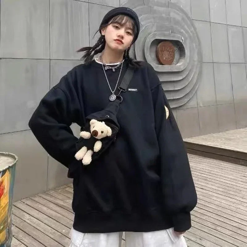 Women Cute Black Sweatshirt Fashion Streetwear Tops with Bag Korean Style White Pullover Kawaii Harajuku Loose BF Jumper Female