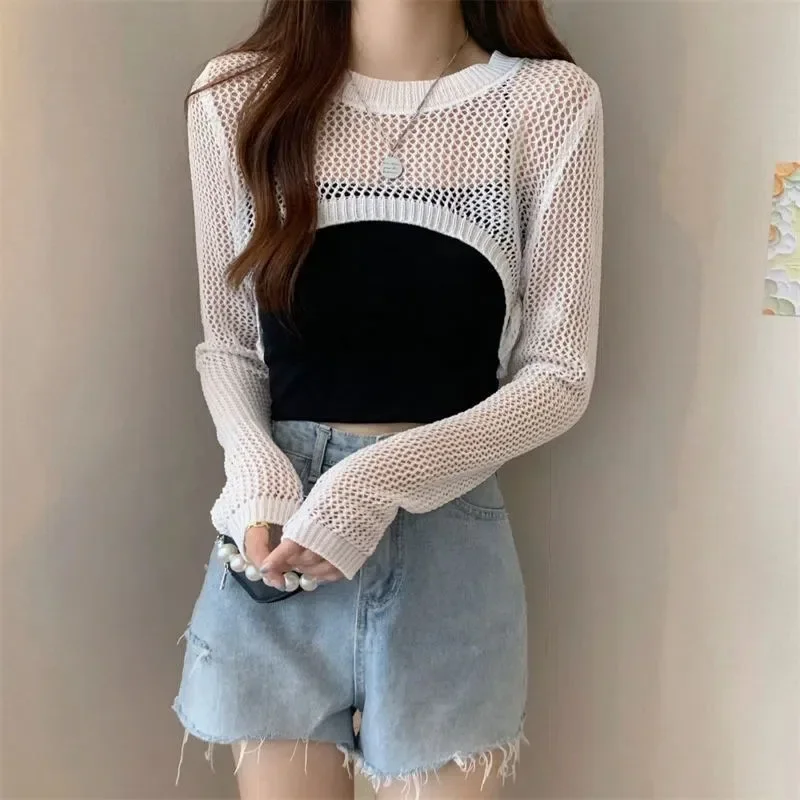 

Spring and Autumn Hollow Thin Long-sleeved T-shirt Women's Round Neck Short Knitted Blouse Drop Shipping Wholesale Sweaters