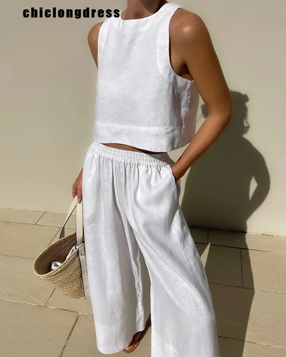 

Летний модный однотонный комплект из двух предметов, Женский Повседневный Топ без рукавов, брюки с широкими штанинами, комплект из двух предметов для женщин