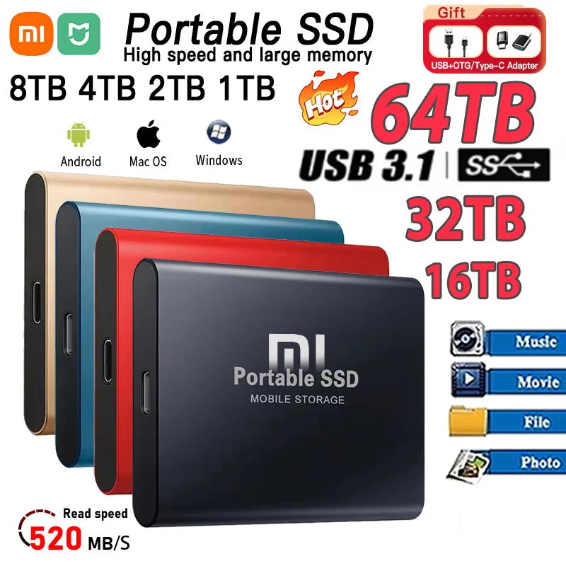 thumbnail image 1 of Disco duro externo Xiaomi MIJIA de 1 TB, unidad de almacenamiento, minisólido SSD USB 3,1, disco duro externo portátil de 2 TB para Mac/teléfono, 1 of 5