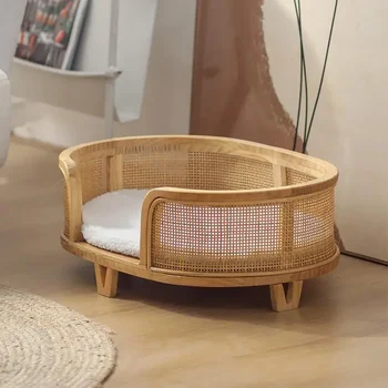 Princess Style Cat Bed Elevated Dog House with Solid Wood Base Vintage Woven Pet Furniture Comfortable and Breathable for Cats