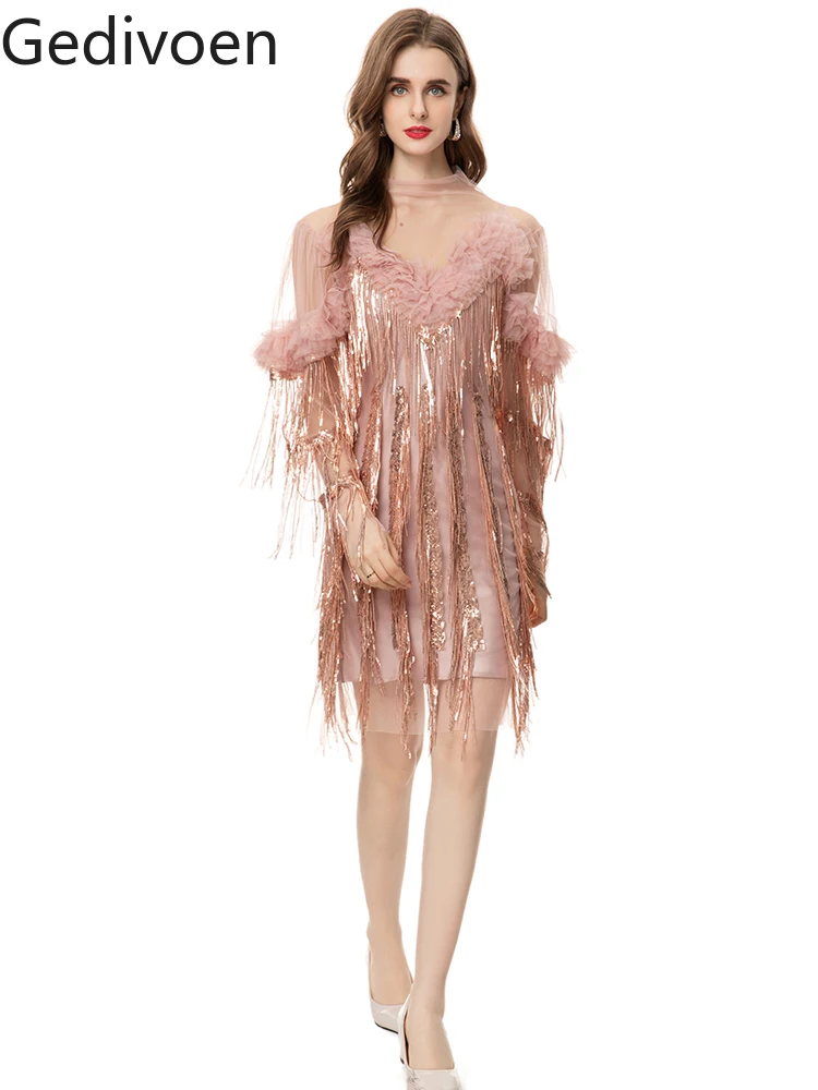 

Gedivoen Fashion Designer Summer Women's Dresses Spaghetti Strap Sequins Solid Office Lady Empire A-LINE Above Knee Dress