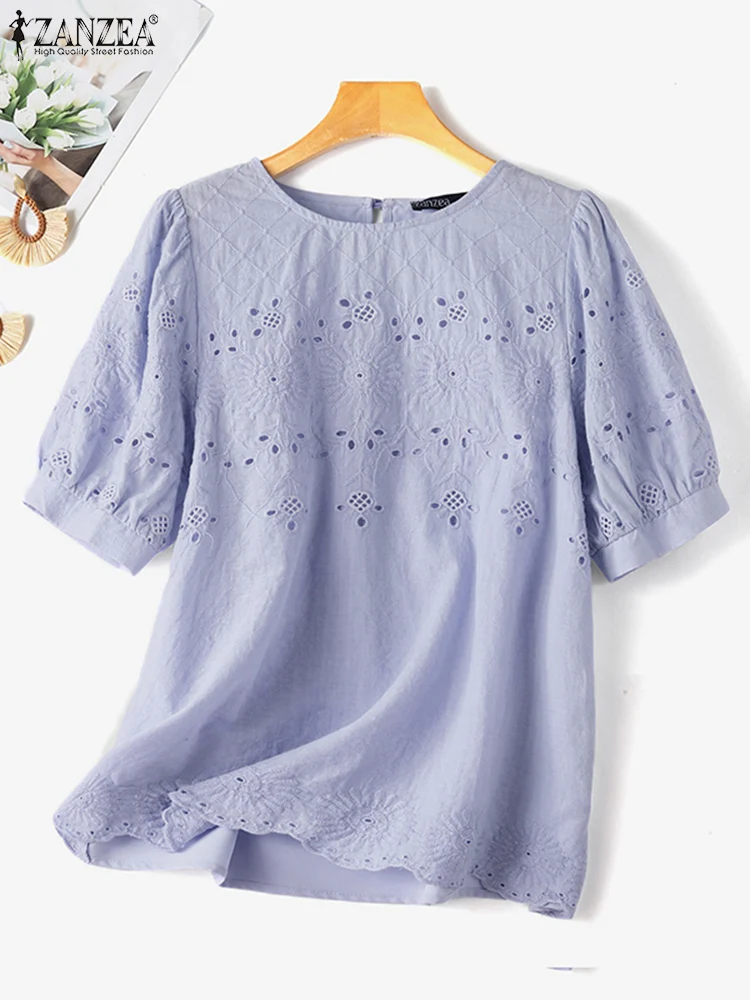 

Элегантная летняя кружевная блузка ZANZEA, Женская Офисная Повседневная рубашка для работы, модные женские топы с коротким рукавом и круглым вырезом, 2024