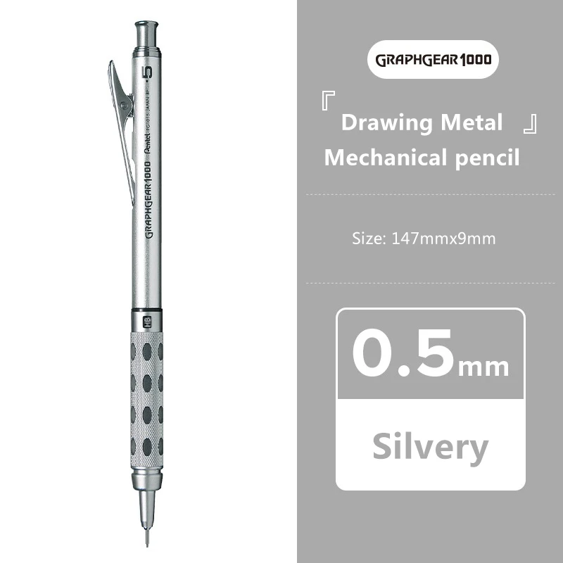 עט מכני Pentel Mechanical Pencil Graphgear 1000 מתכת עם מרכז כבידה נמוך עט מתכוונן עם קצה 0.3/0.5/0.7/0.9mm ציוד ציור