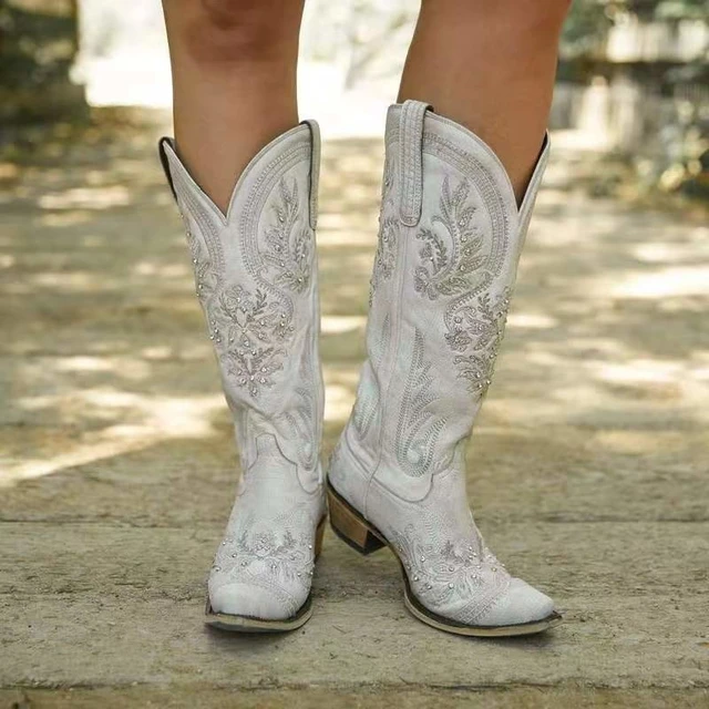 Botas vaqueras de cuña para mujer, de tacón grueso de cuero, puntiagudas, bordadas, occidentales, cordones, color blanco, novedad _ - AliExpress Mobile