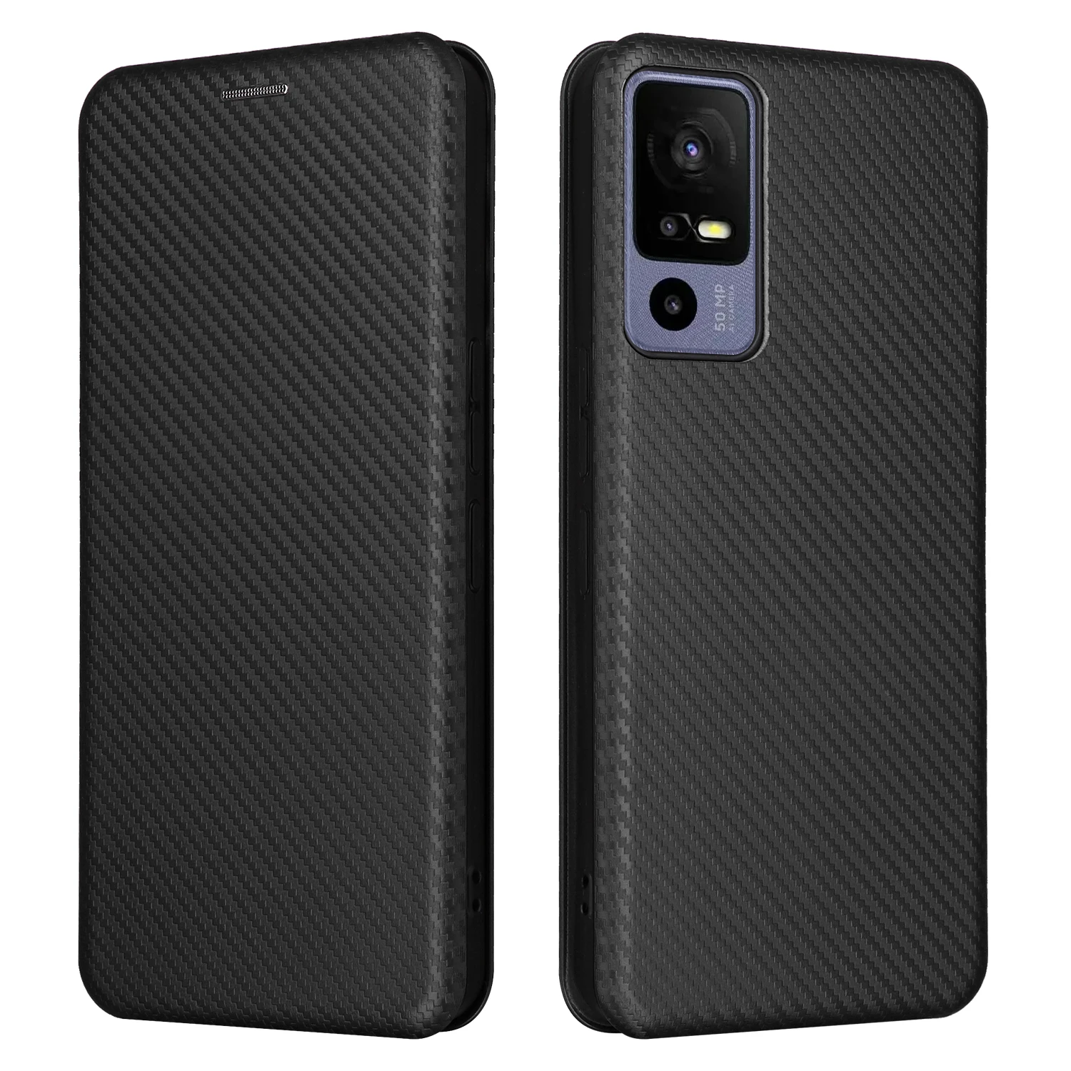Carbon Fiber Flip Leather Wallet Case with Magnetic Closure and Card Slots - Slim Cover