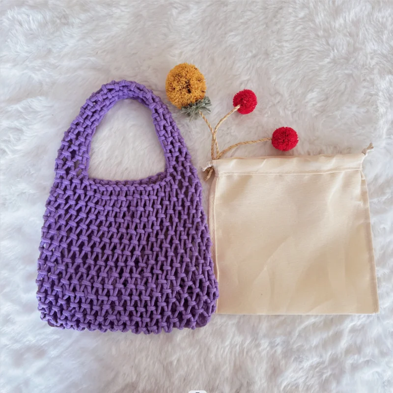 

New Women Beach Fishnet Bag Woven Totes Crochet Bags Knitted Handbag Handmade Hollow Out Travel Cotton Rope Summer Colorful