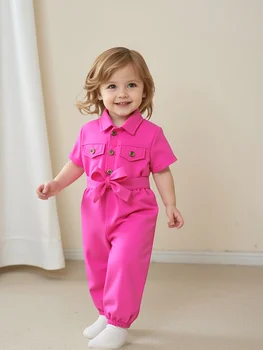 Cute Baby Girl Summer Short-Sleeved One-Piece Outdoor Casual Simple One-Piece Pants + Belt 2-Piece Set 1