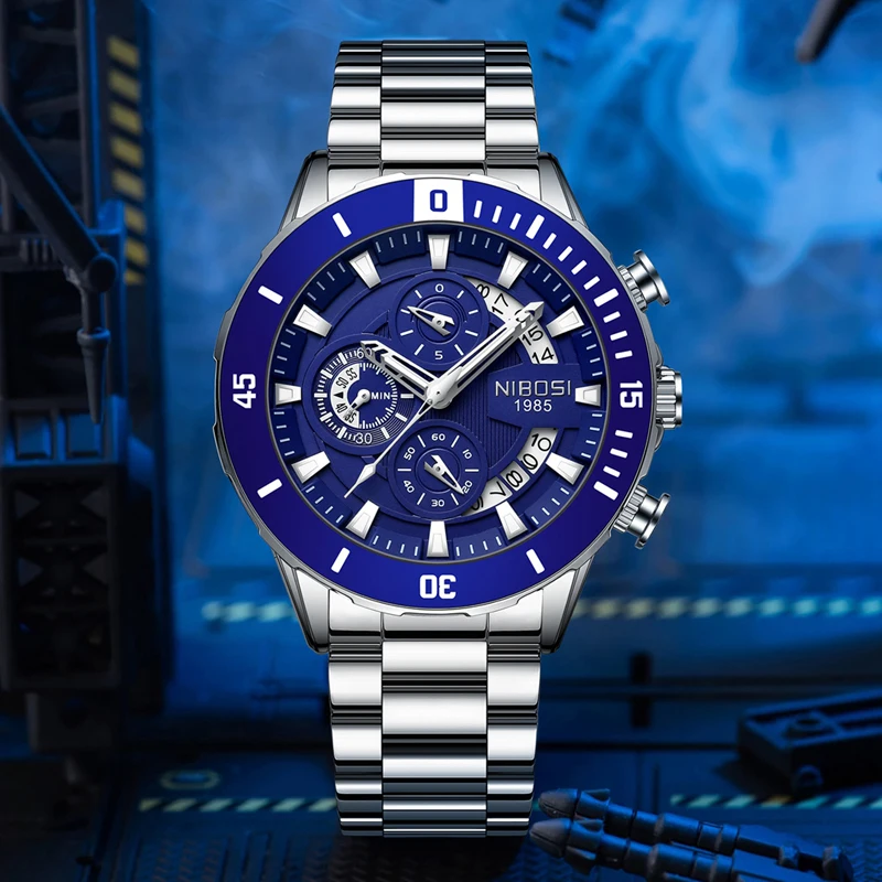 NIBOSI Brand Luxury Chronograph Quartz Watch for Men Stainless Steel Waterproof Luminous Date Sport Big Dial Fashion Men Watches