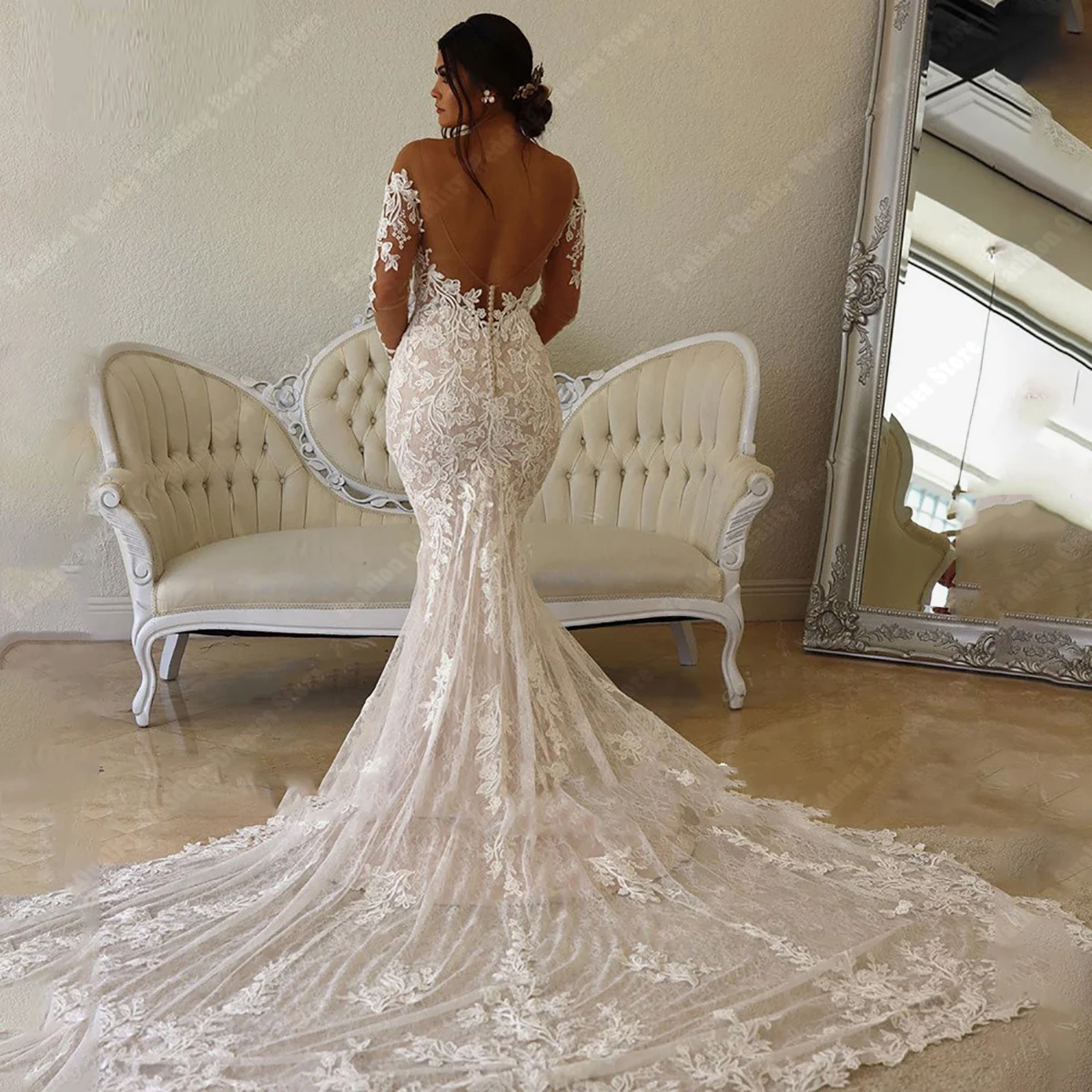 Deep-V Neck Wedding Dresses For Women 2024 Off Shoulder Lace Long Sleeves Mermaid Bridal Gowns Ball Vestidos De Novia Customized 2