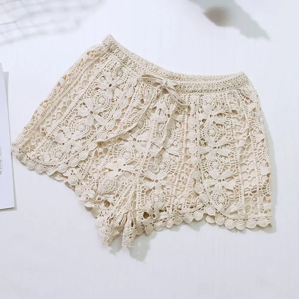 Boho Holiday Crochet Shorts for Women High Waist Hollow Out Lace-up Female Short Ladies Summer All-matching Trousers