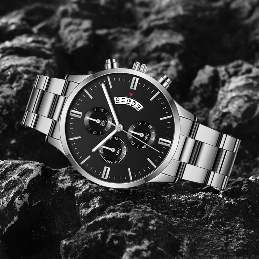 3Pcs Mens Fashion Business Quartz Watch Fashion Three Eye Calendar Men Watch Necklace Bracelet Stainless Steel WristWatch Gift 2