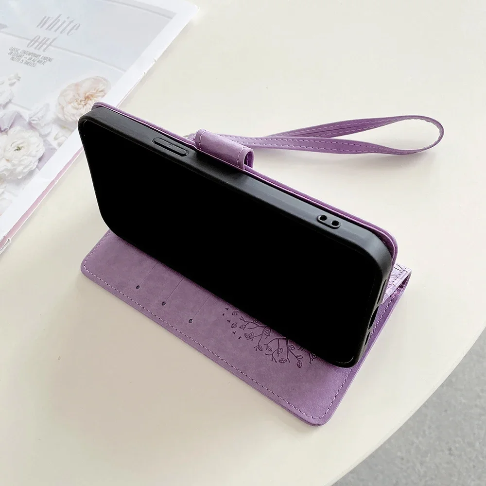 Elegant Magnetic Leather Flip Cover Wallet with Tree Design and Strap