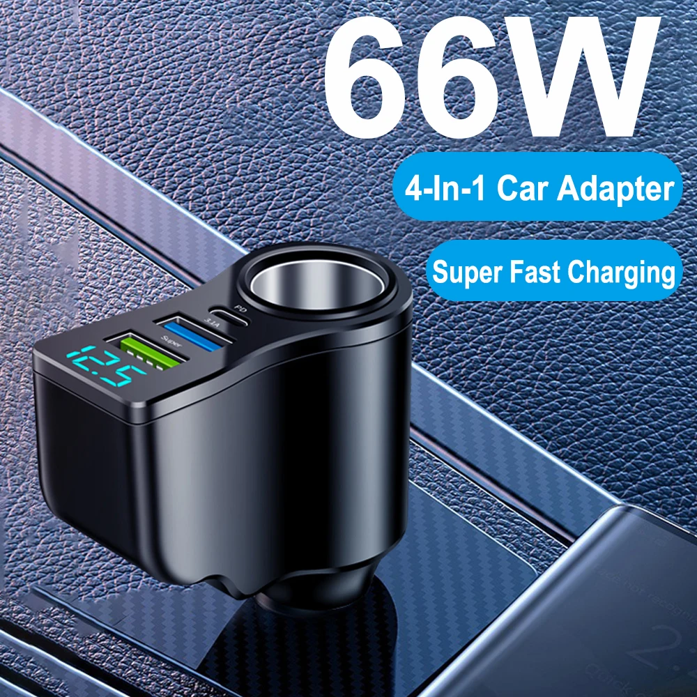 High-Speed 4-in-1 66W Car Charger with Voltage Display and Dual USB Ports