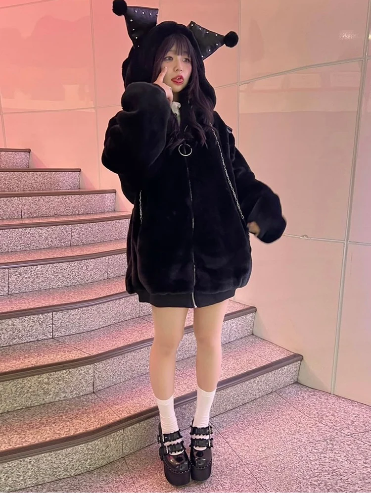 Lautaro Winter Oversized Warm Thick White Faux Fur Coat Women with Hood Sweet Cute Kawaii Japanese Style Fashion Fluffy Jacket