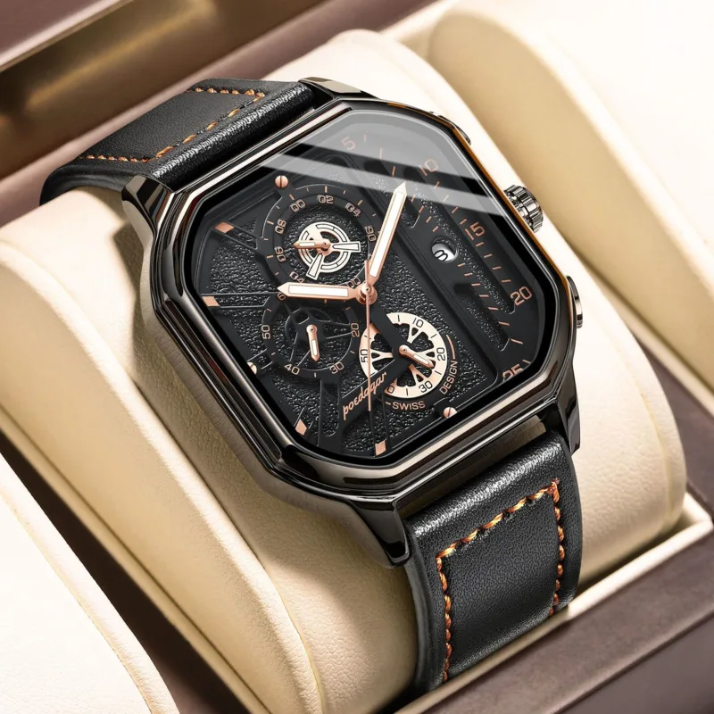 

POEDAGAR Watches For Men New Six Pin Square Dial Fashion Stainless Steel Date Waterproof Luminous Top Luxury Quartz Men's Watch