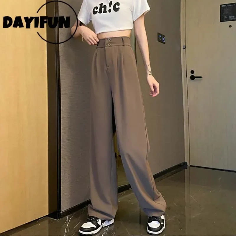 

DAYIFUN Wide Leg Pants Women Button High Waist Floor-Length Trousers 2022 Summer Casual Straight Drape Oversized Suit Pants