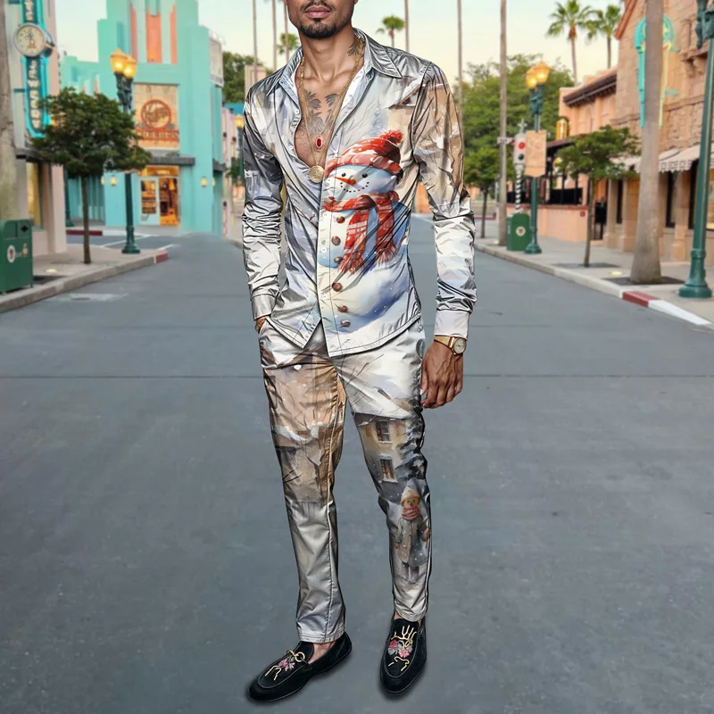 2025 Trendy Spring Summer Men Shirt Set Christmas Print Fashion Gingerbread Man Two Piece Set Mens Snowman Lightweight Party_viptrois.com