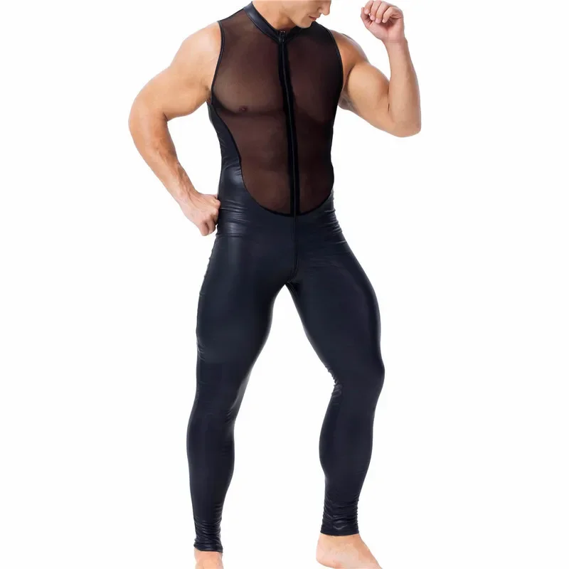 Mens PU Leather Jumpsuit Male Sleeveless One-piece Faux Leather Bodysuit Stage Men's Leotard Wrestling Singlet Men Clubwear