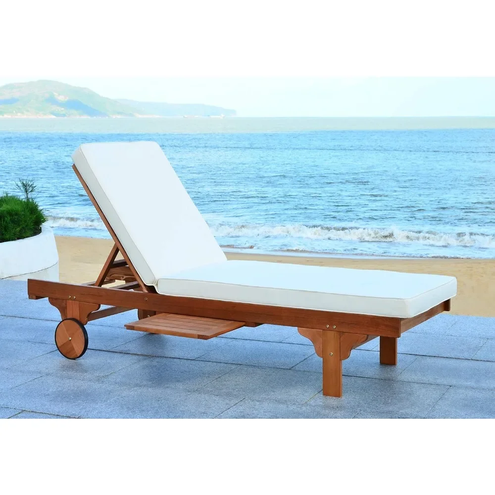 NEW-Outdoor Collection Newport Natural/ Beige Cushion Built-in Side Table Adjustable Chaise Lounge Chair