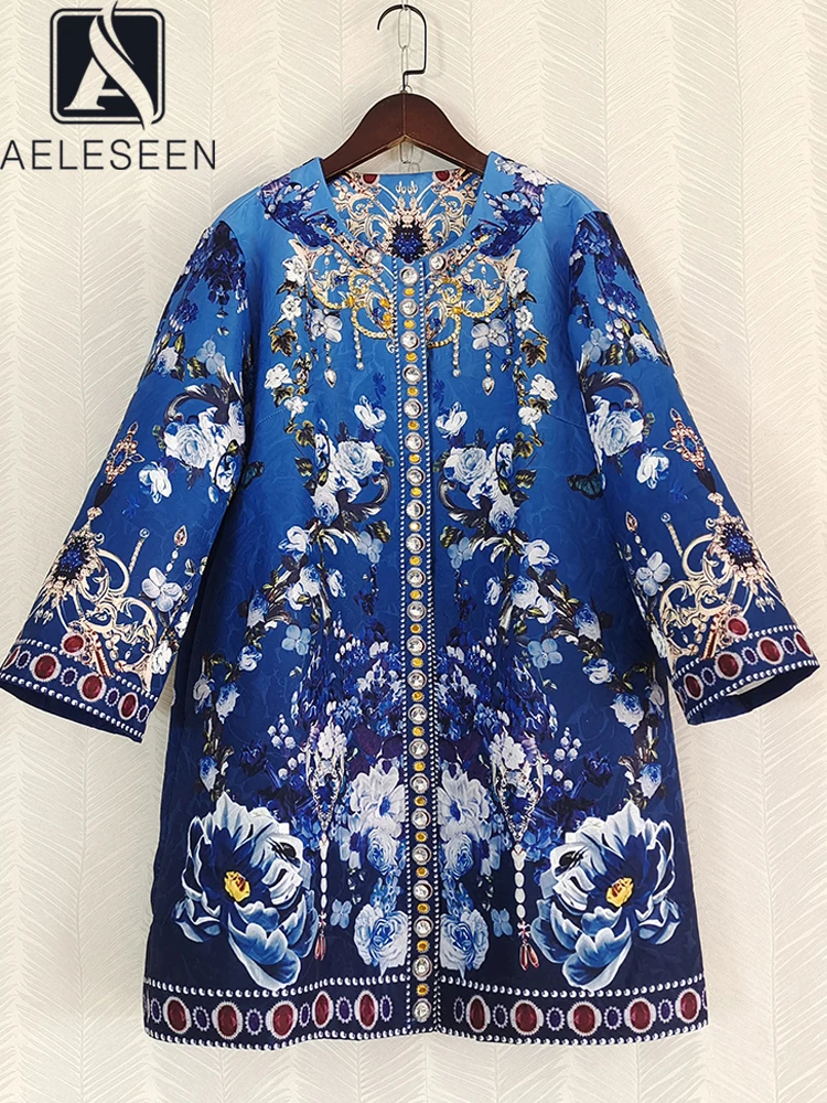 

AELESEEN High Quality Women Blue Coat Autumn Winter New Ethnic Flower Print Luxury Crystal Beading Loose Long Retro Jacket
