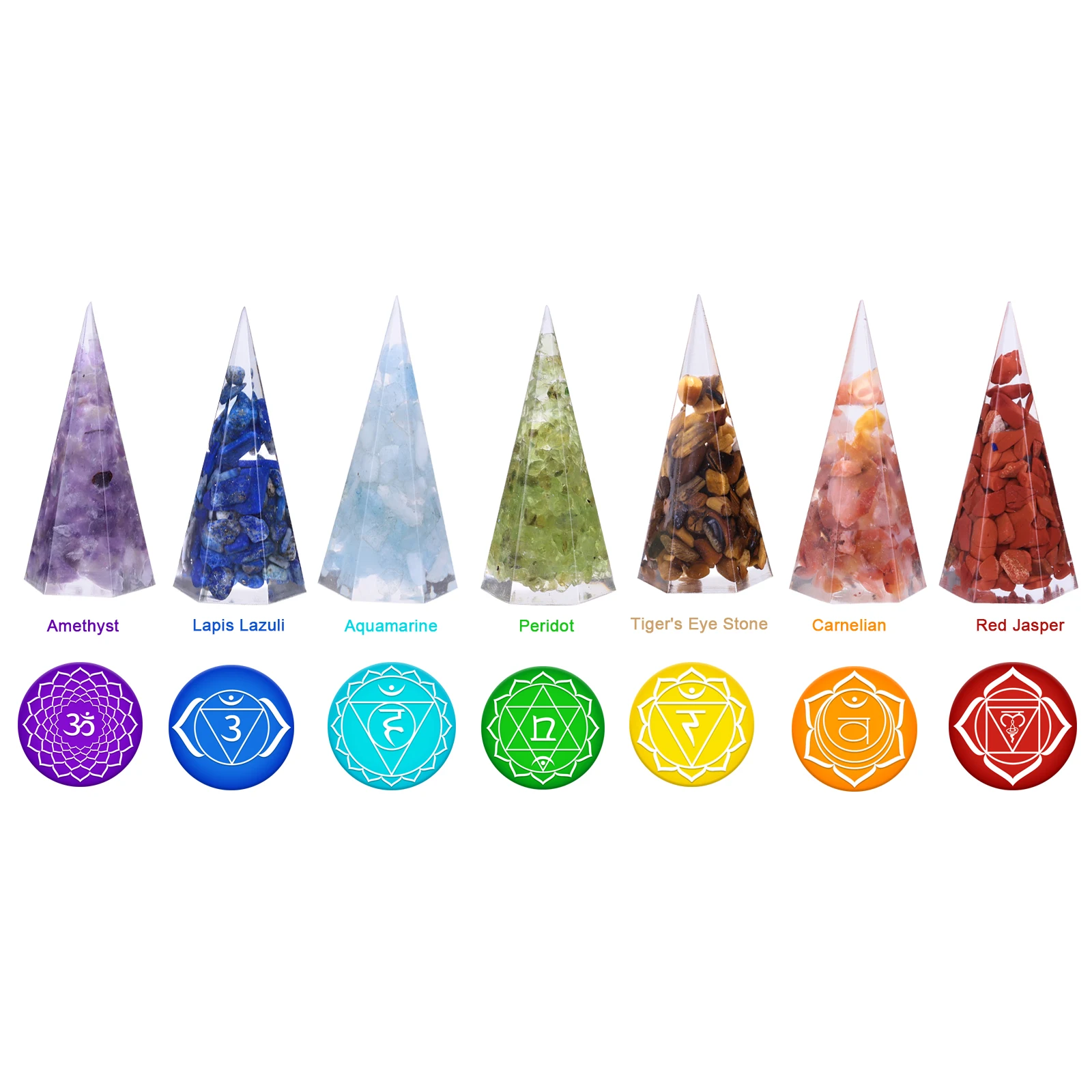 7Pcs/Set 7 Chakra Reiki Healing Tumbled Stone Hexagonal Resin Pyramids Generator For Chakra Blanacing Yoga Meditaion