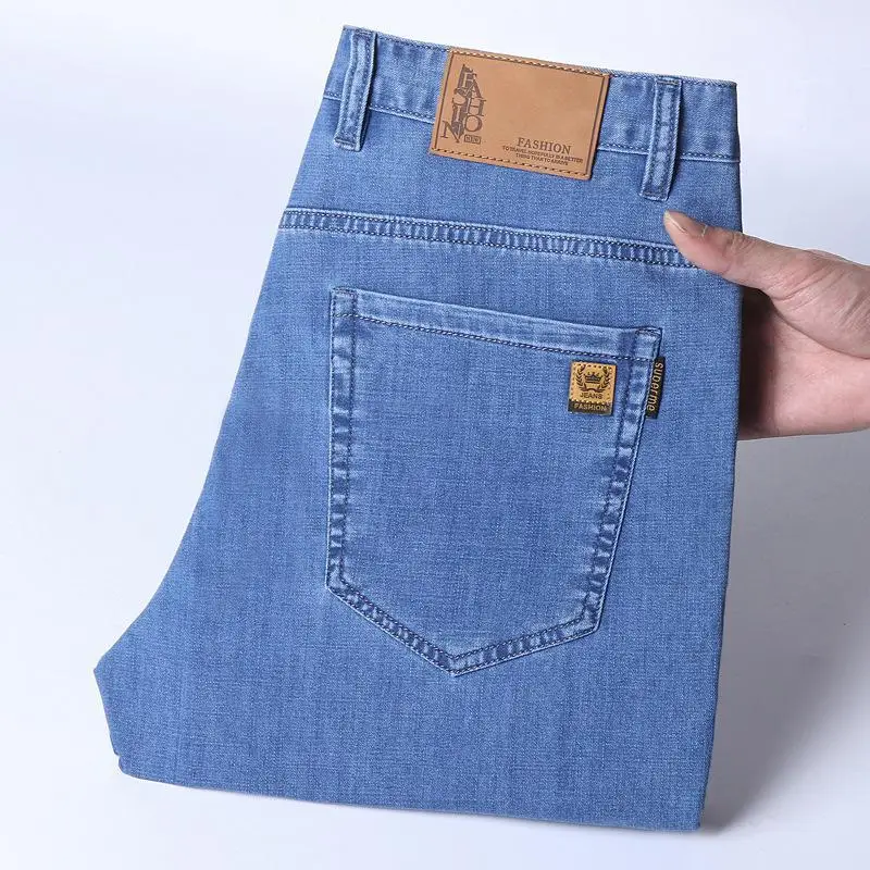 Spring Summer Thin Denim Jeans Men's Straight Leg Elastic Business Dad Casual Long Trousers High Waist Long Pants