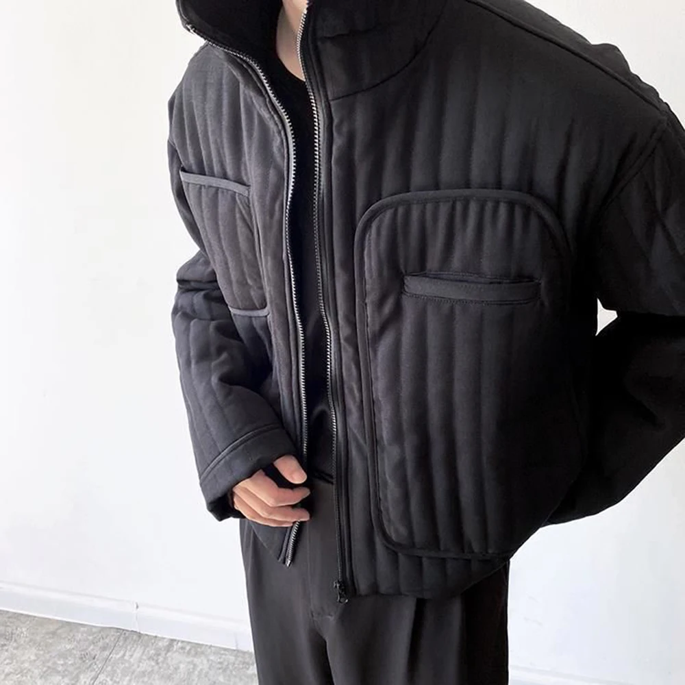 Mens Autumn Winter Y2k Japanese Harajuku Cotton Coat Genderless Casual Simple Solid Color Street Warm High Collar Jacket Unisex