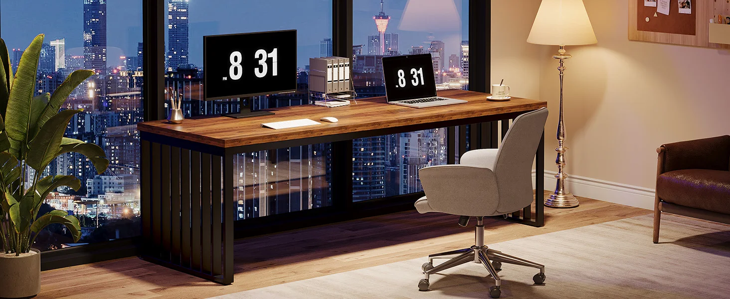 Extra Long 2-Person Desk with Metal Legs, Double Long Writing Table, Industrial Wooden Office Desk