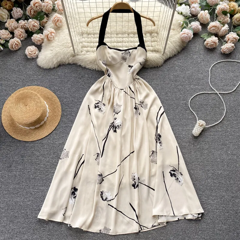 

New Women Elegant Beach Dress Summer Elegant Backless Vintage Floral Printing Party Dresses Ladies Slim A Line High Waist Robe