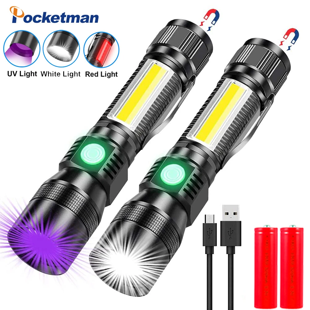 Multifunctional LED Flashlight UV Light/White Light/Red Light 7 Switch Modes Flashlights Waterproof Torch Zoomable Flashlight hunting torches