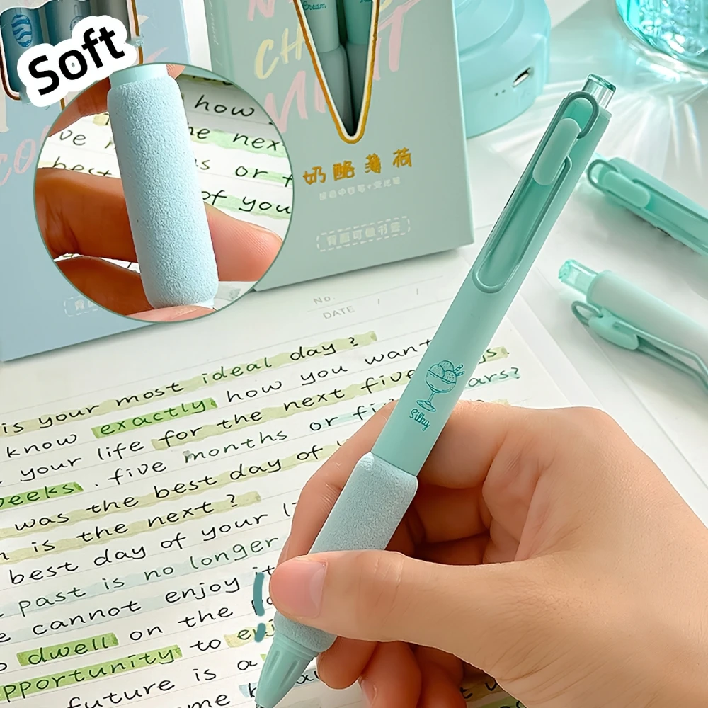 4pcs Cheese Mint Gel Pens & Highlighter Set 0.5mm Ballpoint Black Ink & Color Marker for Writing F7456